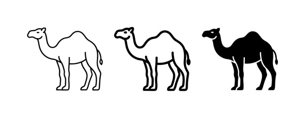 Camel Icons Set: Outline, Silhouette, and Filled Vector Graphics for Desert and Travel Themes © Shahriar