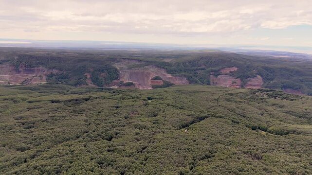 A high-angle aerial drone shot overlooking the dense Lenga forest canopy of Reserva Nacional Magallanes, revealing a massive, eroded mudslide scar on the distant mountain ridge face