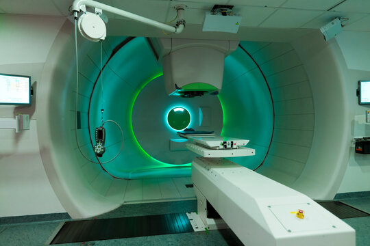 Modern proton therapy room for cancer treatment with advanced medical equipment