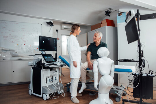 Doctor consulting with a patient in a modern office with robotic technology