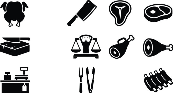Butcher Shop Icon Set: Chicken, Steak, Ribs, Scales, Chopper, Cash Register
