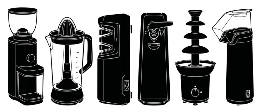 Kitchen Appliances Silhouette Set: Electric Coffee Grinder, Citrus Juicer, Knife Sharpener, Can Opener, Chocolate Fountain, and Popcorn Maker Icons for Culinary and Home Cooking Vector Illustration De