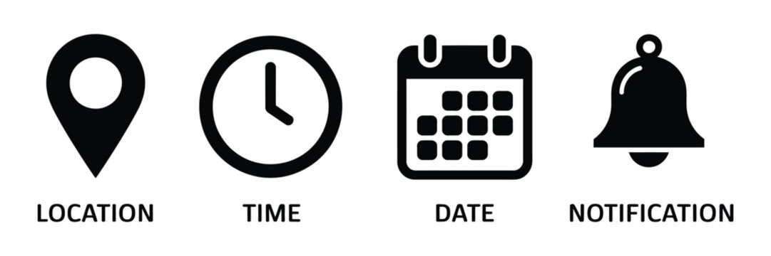 Date, Time, Address And Notification Icon Set, Calendar, Location Pin, Clock And Alarm Bell Symbols, Modern Vector Illustration For Scheduling, Alerts And Communication Design.