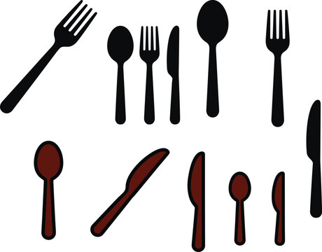 Cutlery silhouette collection featuring forks, spoons, and knives in black and brown designs for dining and kitchen use