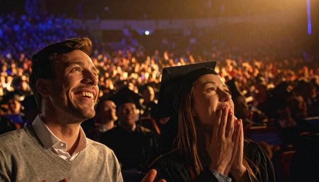 Excited Couple Enjoying a Live Performance or Event in a Packed Auditorium.