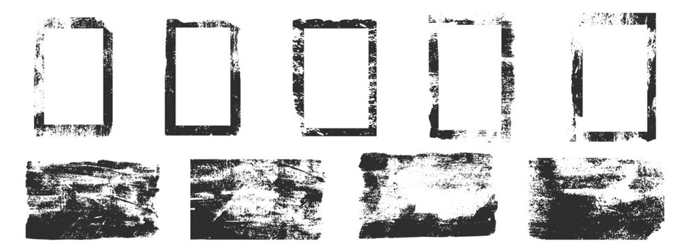  Grunge rolled ink stamp texture frame. Noice distress vintage craft paint splatter borders. Rectangle vertical backgrounds. Linocut relief printing 