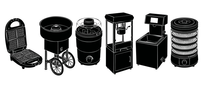 Kitchen appliances set, professional cooking machines, waffle maker, cotton candy machine, ice cream maker, popcorn machine, sous vide, food dehydrator, black and white vector illustration, home cooki