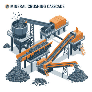 Industrial mineral crushing cascade with conveyor belts and piles of crushed rock.