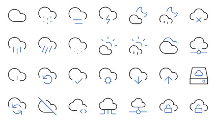 Fototapeta premium Weather and Cloud Computing Line Icons Set Editable Stroke Vector Illustration.
