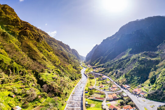 Winding river in the rugged Ribeira Brava Valley of Madeira