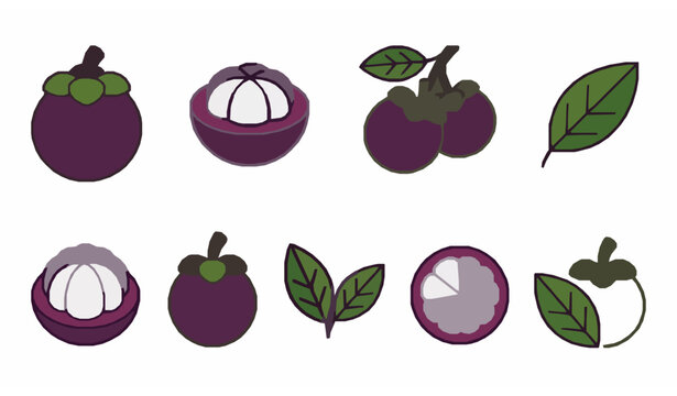 Flat linear mangosteen fruit icon set for organic food and tropical branding