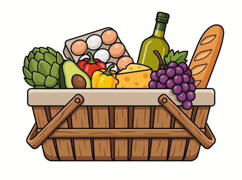 A delightful illustration of a basket brimming with fresh food, including fruits and vegetables, celebrating abundance and encouraging healthy choices in daily life.