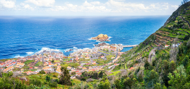 Panoramic view of Porto Moniz town and coastline in Madeira