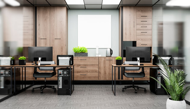Empty modern minimalistic corporate office workspace with computers