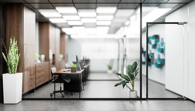 Modern minimalistic empty corporate office interior with glass wall
