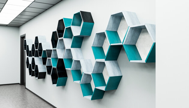 Modern office corridor with geometric hexagon wall decor