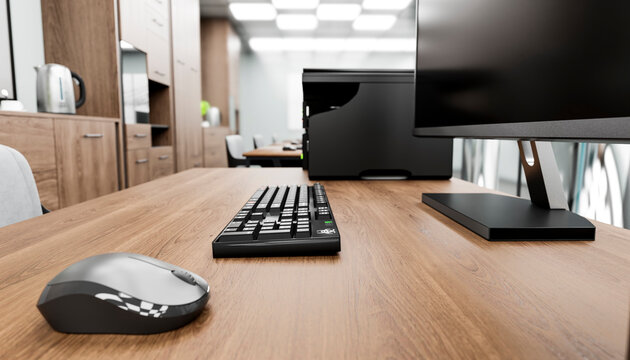 Modern minimalist office desk with computer and copy space