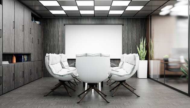 Modern minimalist office meeting room with blank screen