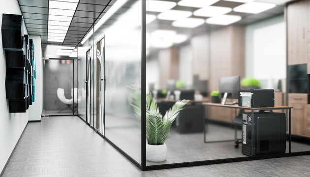 Modern minimalist office interior with glass walls and no people