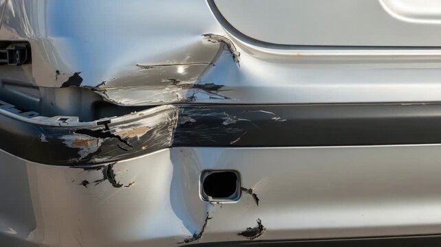 Damaged rear bumper of a silver car from a collision accident  