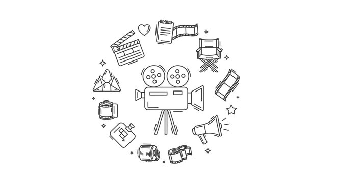 Hand drawn doodle set of cinema and movie production equipment arranged in a circle.