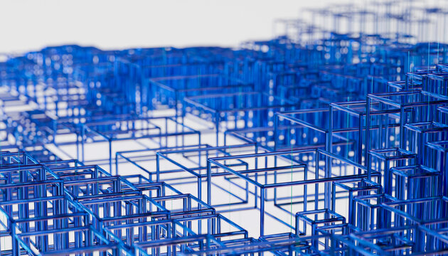3D blue wireframe cubes forming an abstract digital network