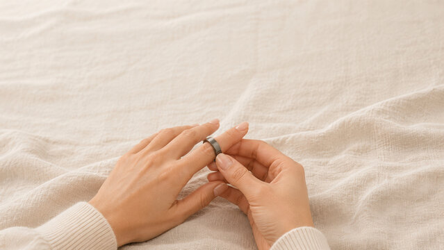 Cellular health ring biohacking gadget for longevity tracking on female hand with soft beige bedding mood of gentle self care and calm focus