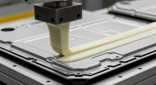 Automated robotic arm precisely applying sealant to metal component in advanced manufacturing facility