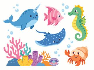 A cheerful illustration of colorful marine life, featuring a narwhal, fish, seahorse, stingray, and a crab, all surrounded by delightful coral and bubbles, perfect for kids. © Boren