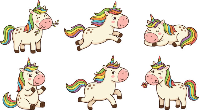 Cute Cartoon Unicorn Character Set with Standing, Jumping, Sleeping, Sitting, Running, and Flower Poses for Kids and Fantasy Designs