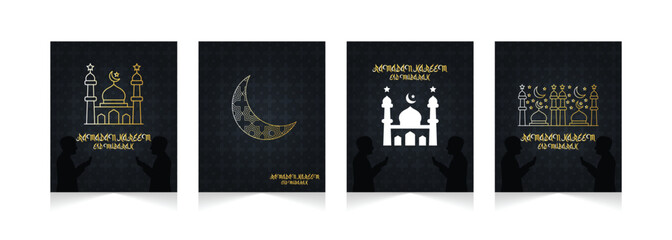 Ramadan Kareem greeting cards set.Ramadan islamic holiday invitations templates collection with gold crescent moon,hand drawn lettering and mosque.Ramadan poster with moon.Ramadan card template design © Jerrymoon