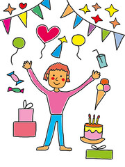 Naive illustration of a happy birthday celebration with gifts