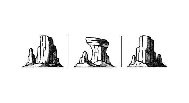 Stylized desert canyon landscape with vertical rock formations