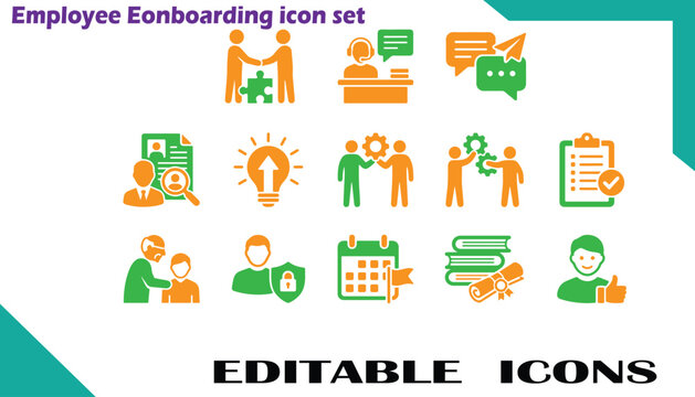 Employee onboarding icons set vector illustration with human resources recruitment process employee relations human capital onboarding employee business recruitment management collaboration