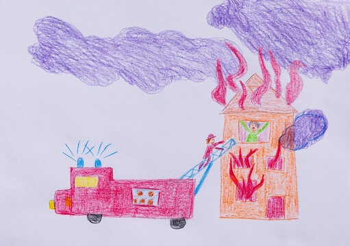 Child drawing of a fire engine rescuing someone from a burning house