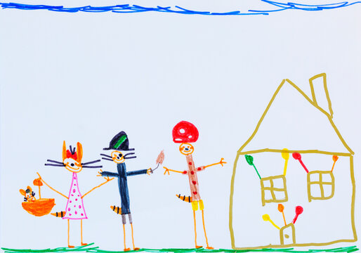 Child drawing of three happy cats standing outside a house