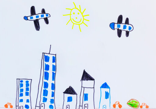 Naive illustration of a city with airplanes and skyscrapers