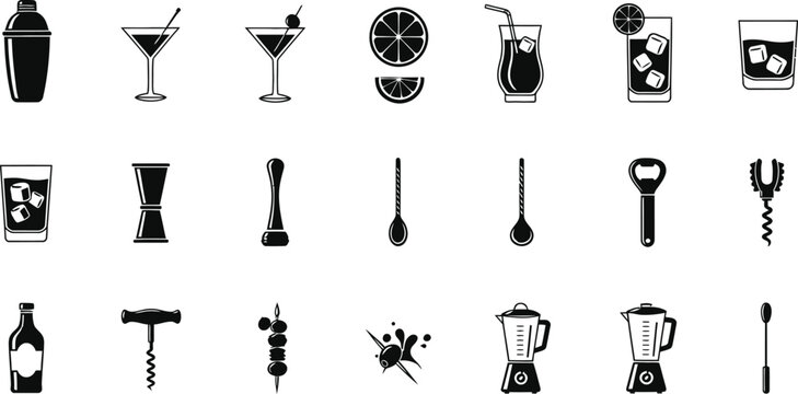 Black bartending icon collection, cocktail shakers, glasses, citrus slices, bar tools, mixology symbols, vector illustration set, isolated on white background