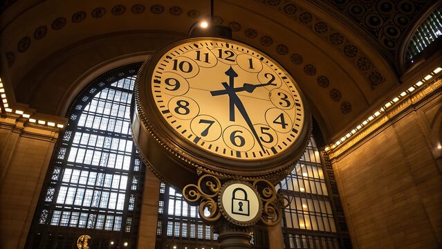 Large ornate analog clock face with roman numerals and decorative metal framework ornate clock