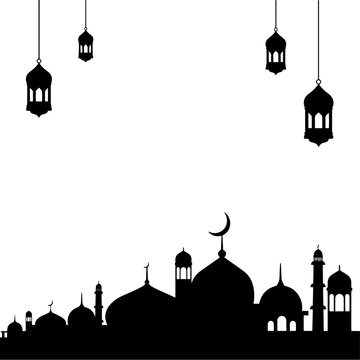 Islamic city skyline silhouette with mosque domes minarets and hanging lanterns for ramadan celebration theme.