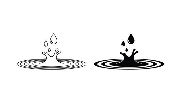 Water drop splash with ripples vector icon in line art and silhouette