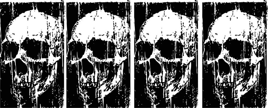 Grunge black and white human skull quadruple pattern distressed retro horror graphic design with skeleton head texture