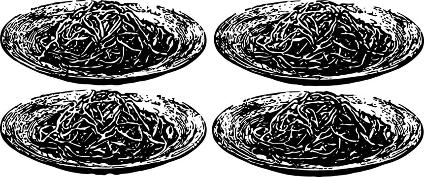 Four plates of spaghetti pasta with tomato sauce and herbs arranged in a grid layout
