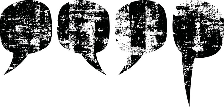 Grunge speech bubbles set distressed textured dialogue icons, communication symbol collection, messy urban