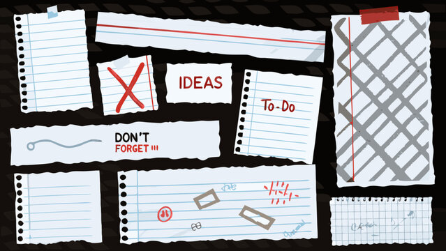 collection of torn paper notes with handwritten text and doodles on a black background