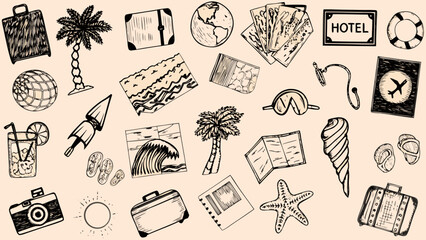 travel themed sketch collection with suitcases palm trees and ocean elements on a beige background © Sarathi