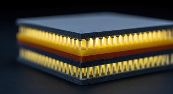 Intricate layered computer processor with golden pins illuminated from within, showcasing technological precision