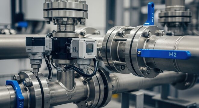 Close-up view of an industrial pipeline system with a flow meter and valve assembly