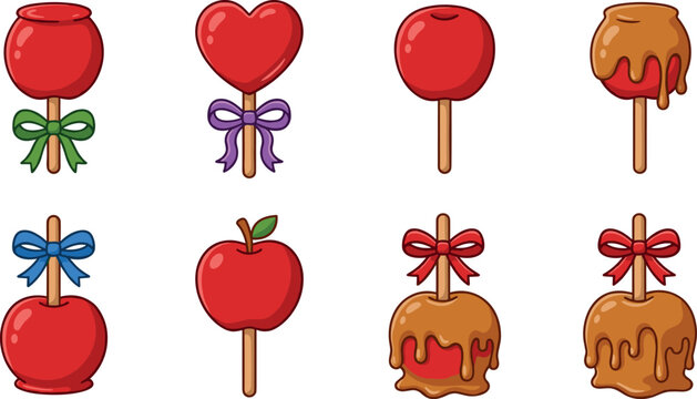 Candy Apple and Lollipop Vector Illustration Set Featuring Sweet Caramel Coated Treats, Heart Shaped Candy, and Dessert Cartoon Designs