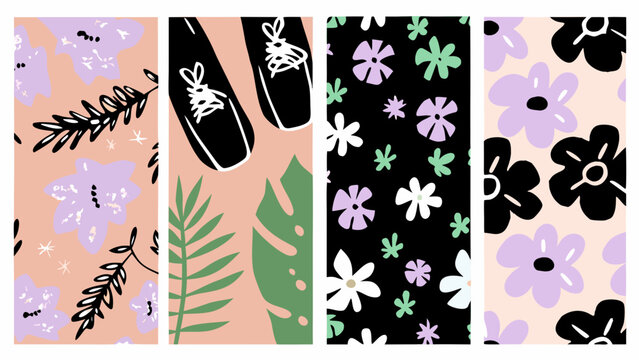 black silhouette floral and botanical patterns on pastel colored backgrounds vertical arrangement
